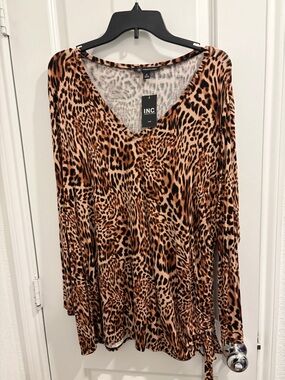 INC International Concepts Leopard-Print Long Sleeve V-Neck Top - Brown, Black